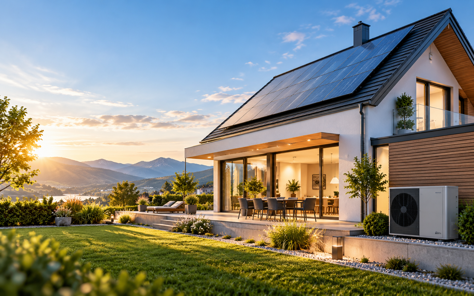 Modernes Haus mit Photovoltaik auf dem Dach und Wärmepumpe im Garten